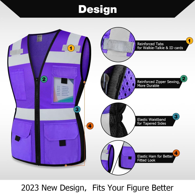 TCCFCCT Women Construction Work Vest 11 Pockets Snug-Fit High Visibility Reflective Vest with Zipper, Neon Safety Vest for Lady Contractors/Surveyors/Workers, Durable to Use, Meets ANSI, Purple XL - Image 3